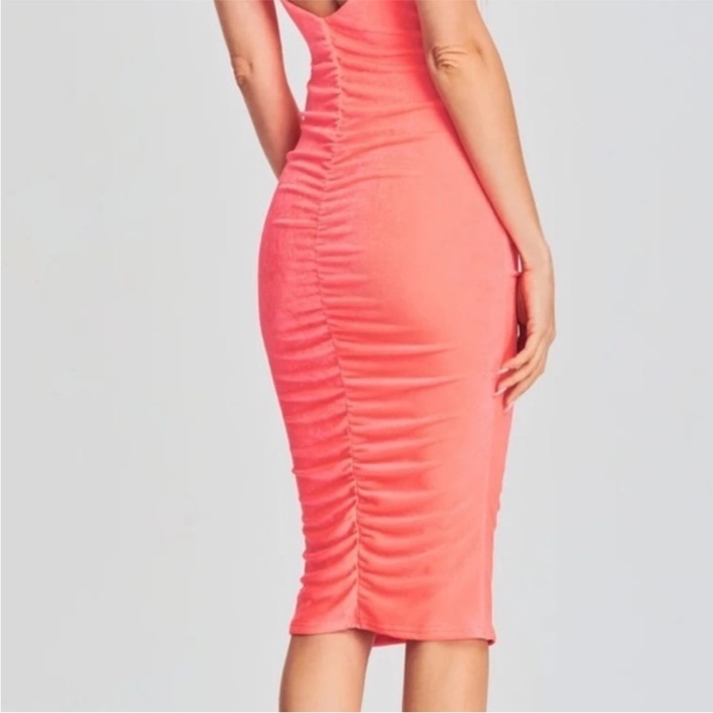 SER.O.YA Neon Coral Ruched Bodycon Midi Dress NWT S Spaghetti Strap - Picture 10 of 11